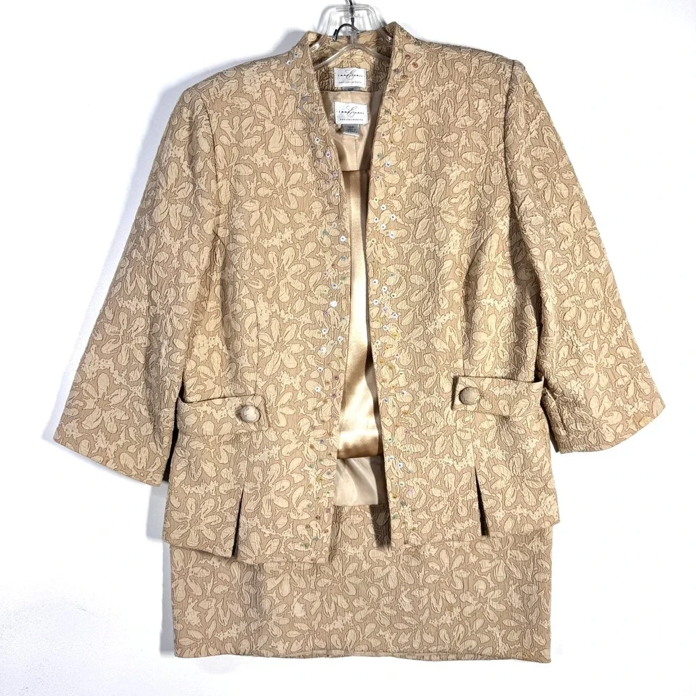 Emma James Skirt Suit Set Womens 12P Beige 3pc Floral Jacket Formal Bridal Party